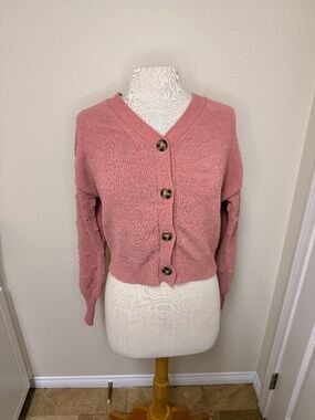 Moon And Madison Sweater Size L Rose‎ Pink Cozy Knit Statement Sleeves Cardigan